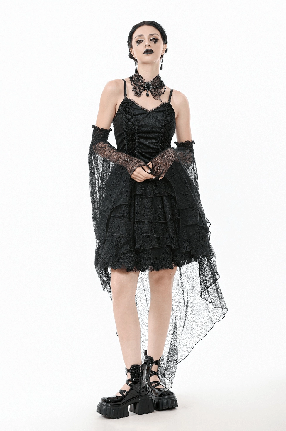 Alternative angle of black lace corset gothic dress showcasing silhouette and structural design elements