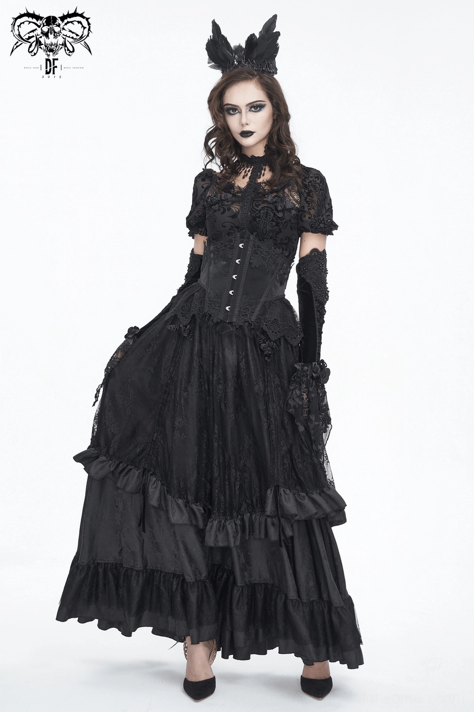 Black gothic lace underbust corset styling on model demonstrating layering potential with alternative fashion pieces