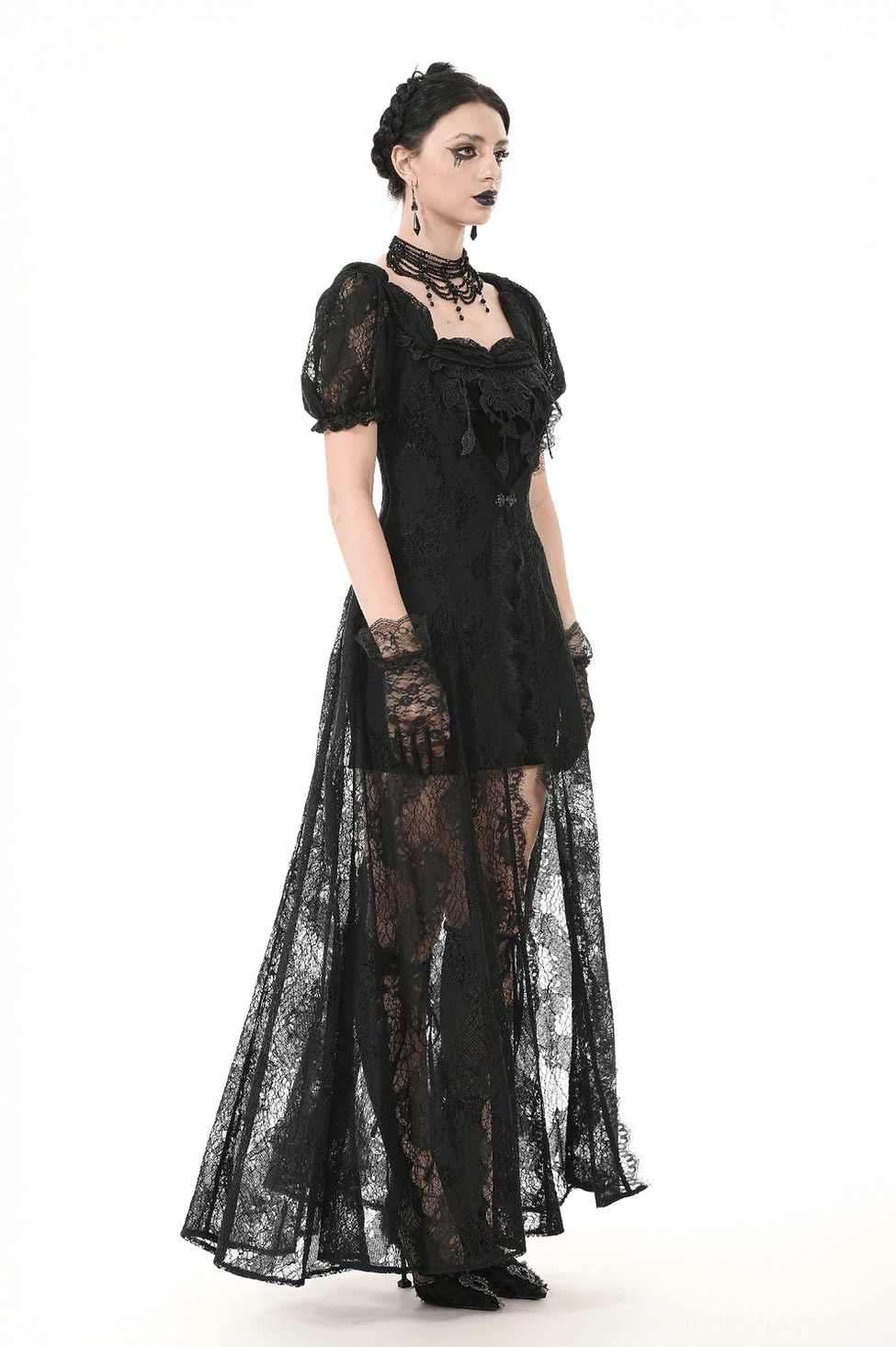 Black lace puff sleeve corset maxi dress detailed side view showing silhouette