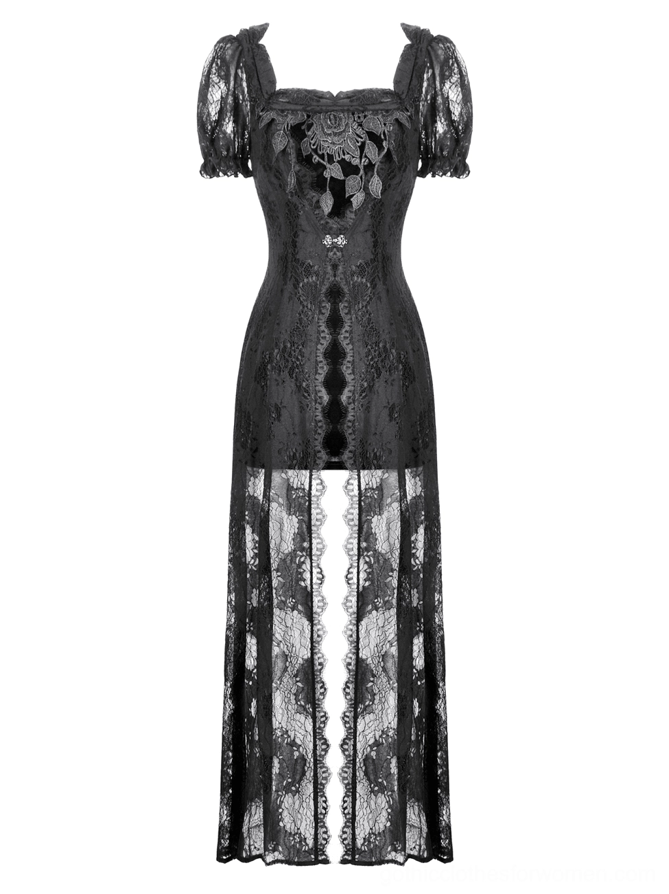 Black lace corset maxi dress front display on mannequin showing square neckline and puff sleeves
