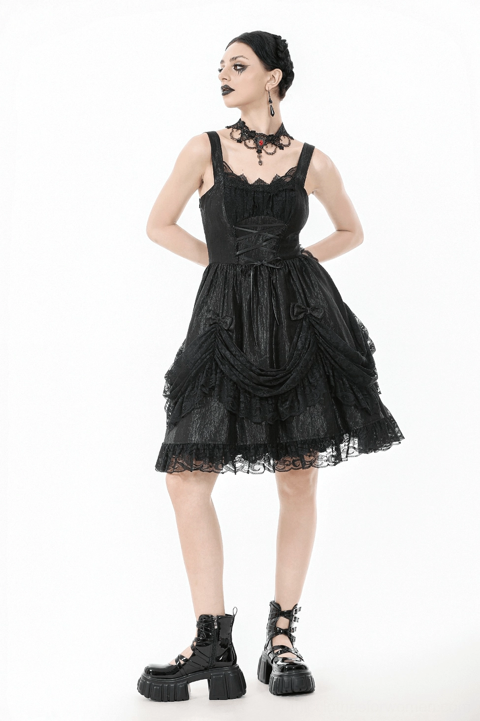 Black gothic lace slip dress rear three-quarter view on model with platform boots and lace choker