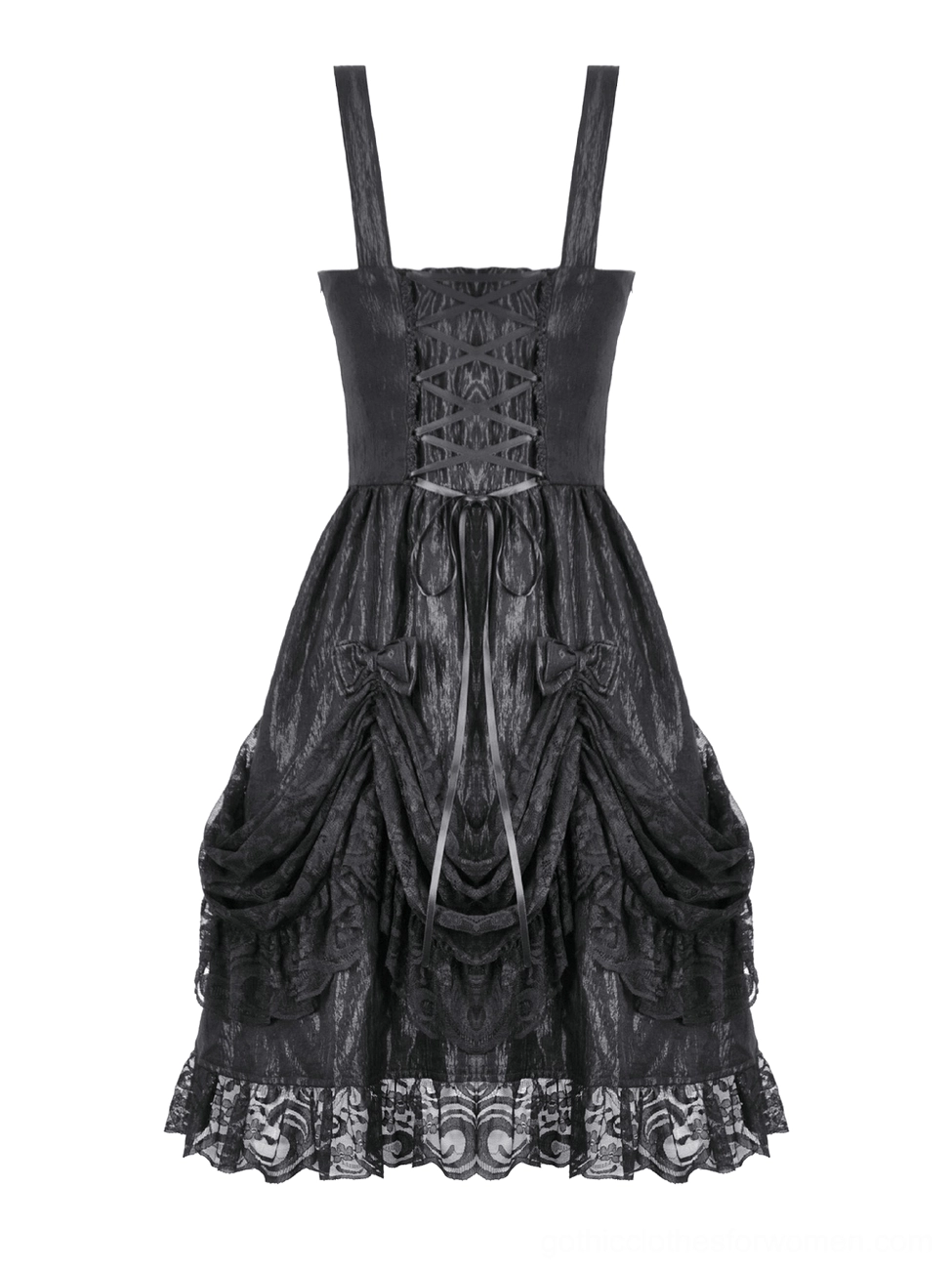 Black lace slip dress rear flat lay detail showing lace-up back and ruffled lace hem design
