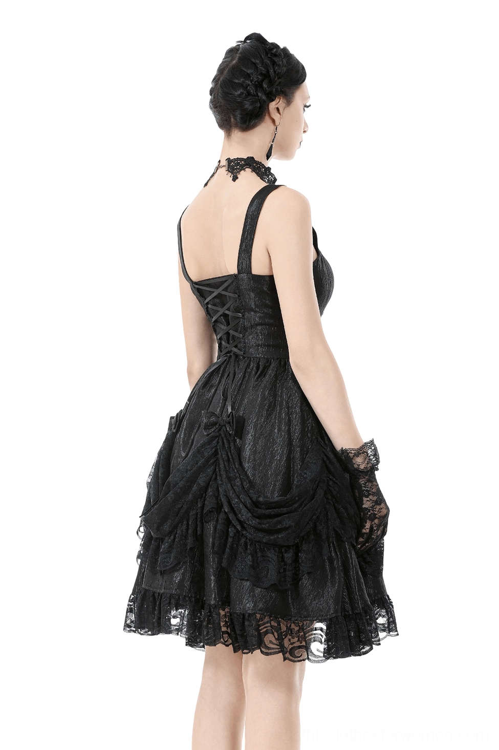 Black lace-up corset back detail of gothic slip dress, rear view on model showcasing lace trim