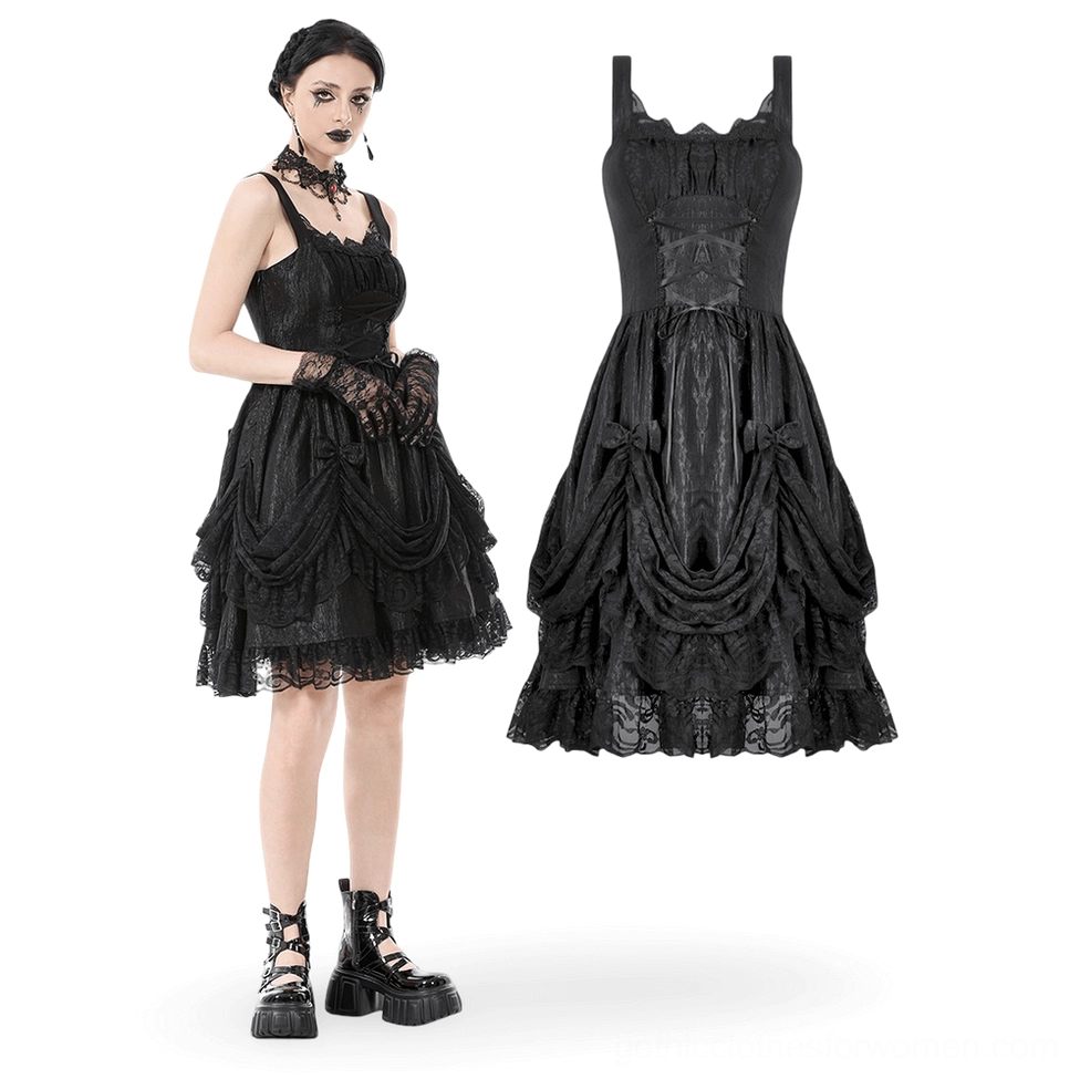 Black gothic lace slip dress with ruffled hem, flat lay front view with styling accessories including platform boots and lace gloves