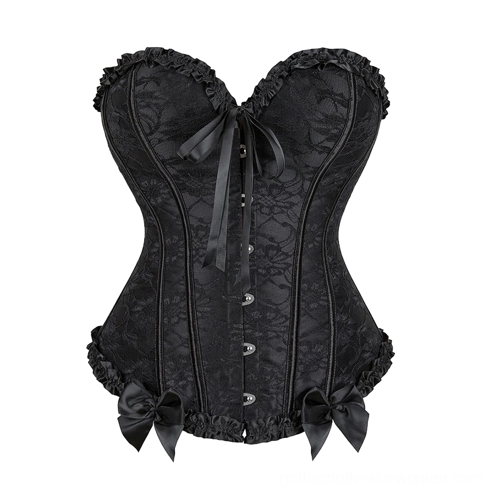 Black lace overbust corset front flat lay featuring ruffled sweetheart neckline, boned construction, and hem bow accents
