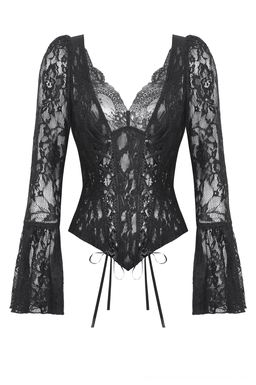 Flat lay of black floral lace corset top showing adjustable ribbon lace-up front closure and corset structure