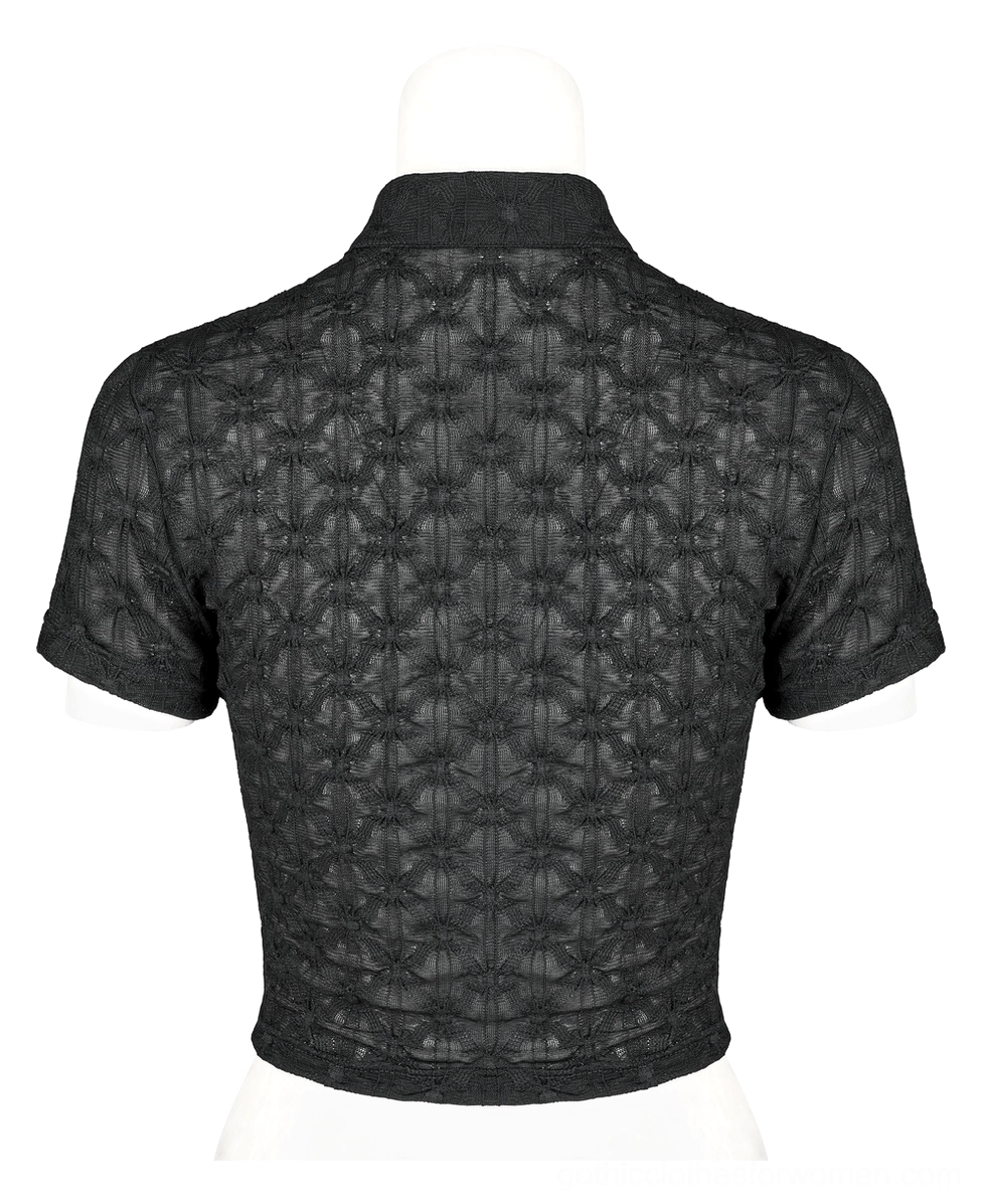 Black geometric lace crop top rear view on mannequin, displaying all-over spiderweb lace texture, cropped hem, and short sleeve detail