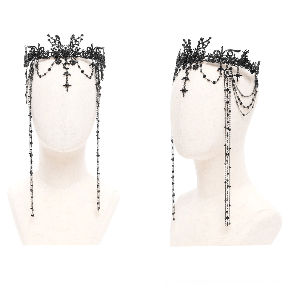 Black lace gothic crown with floral metal crown design and long beaded side strands, close-up front view