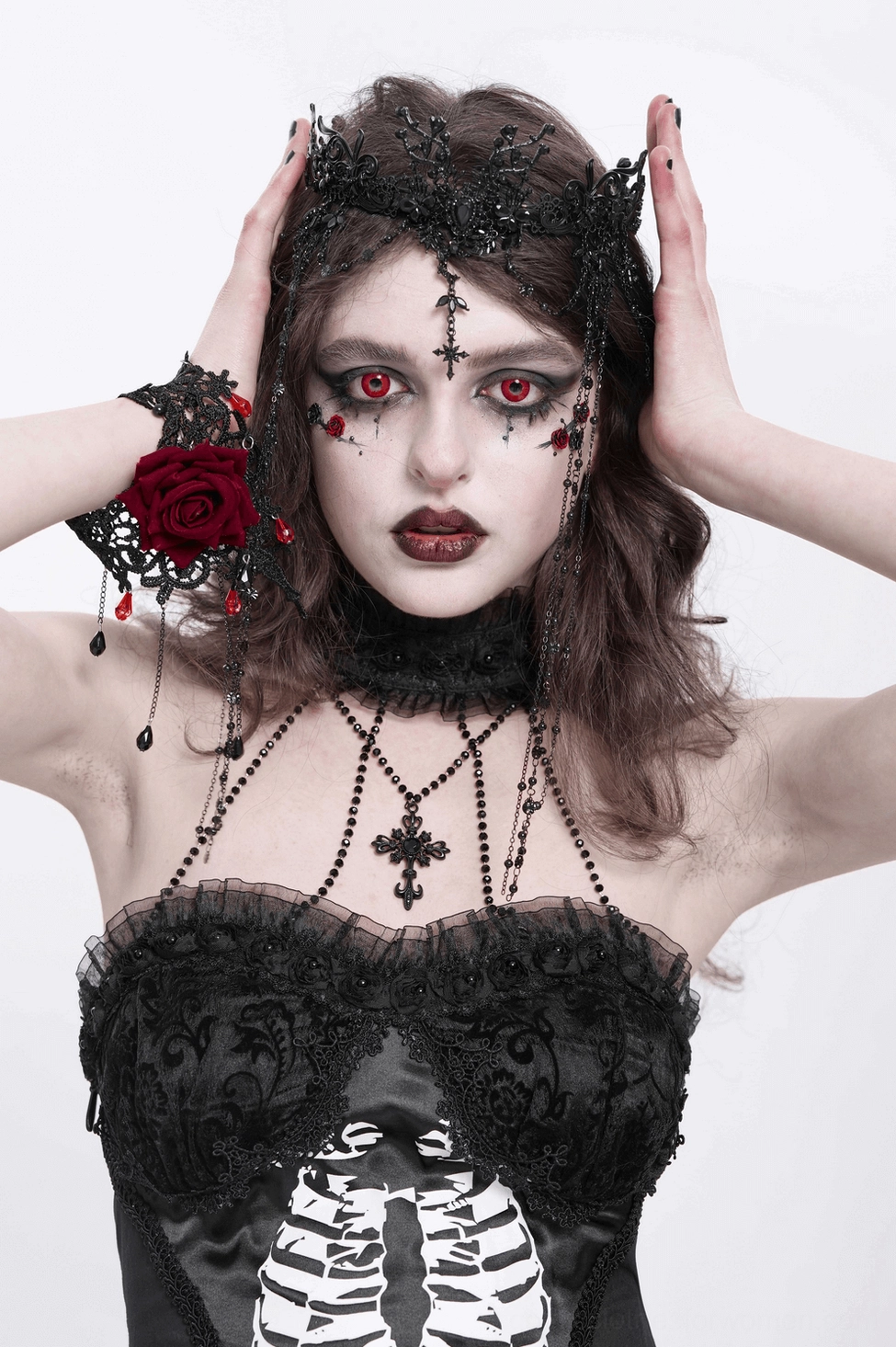 Black lace gothic crown headpiece showing intricate lace work and beaded chain construction, product detail