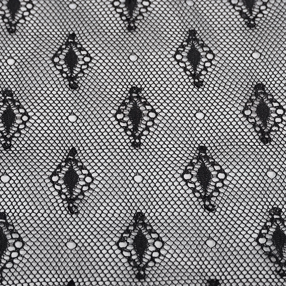 Close-up flat lay of repeating damask eyelet lace pattern on black sheer mesh fabric