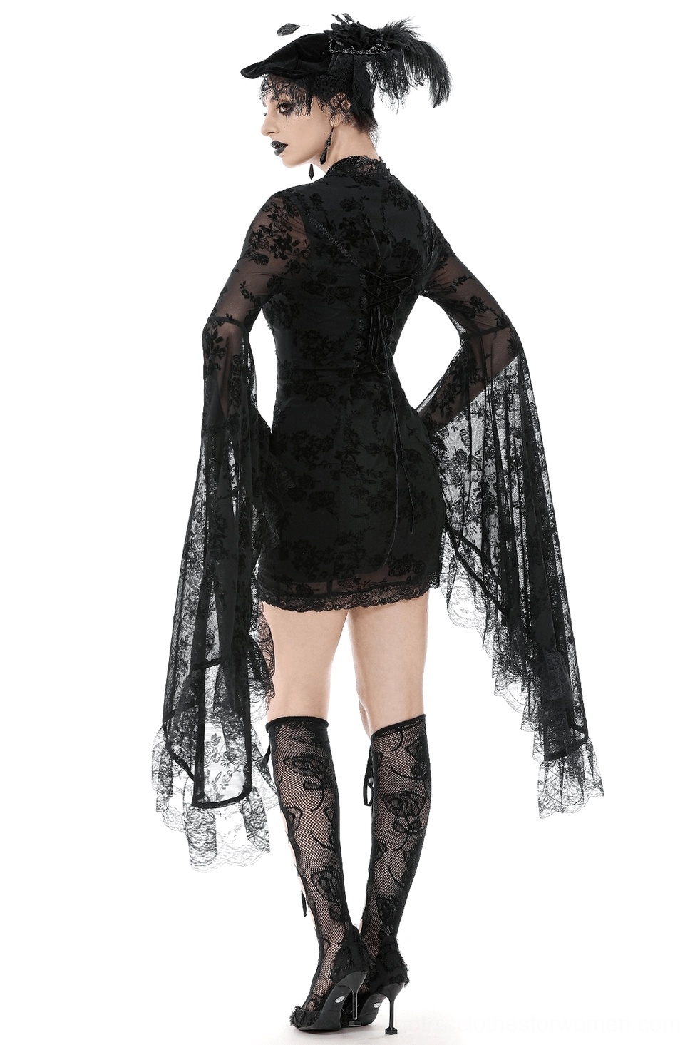Black gothic lace dress back view showing corset lace-up closure and knee-length hem