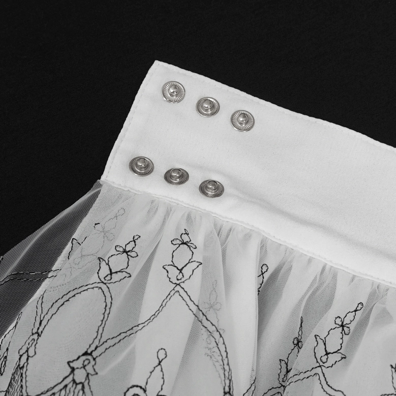 Intricate black embroidered lace trim with scroll-heart motif and scalloped edge detail of gothic flared glove