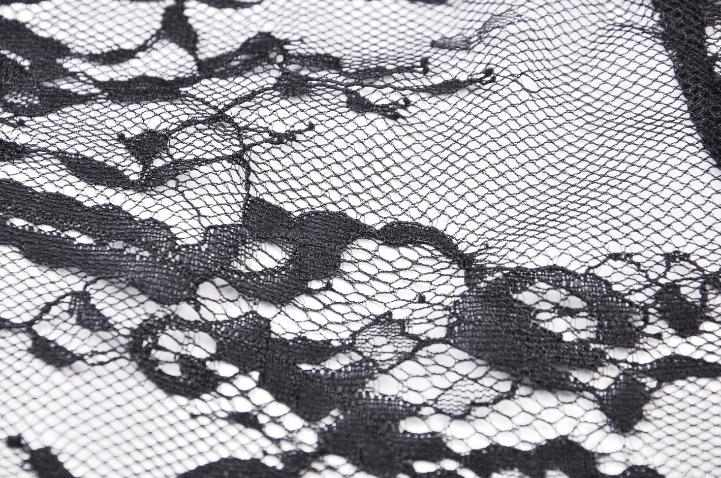 Close-up black sheer floral lace embroidery with mesh base texture