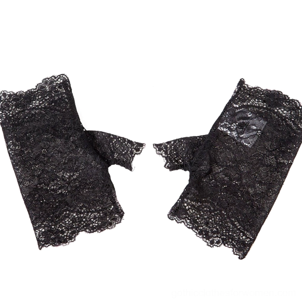 Pair of black lace fingerless gloves - flat lay top view showing scalloped lace edges and delicate floral lace pattern details