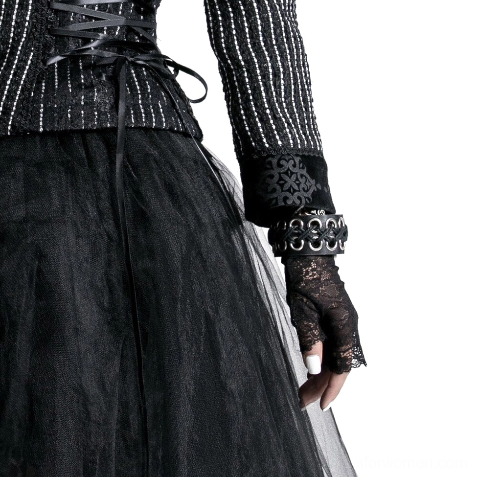 Black lace fingerless gothic gloves styled with gothic lolita outfit - complete ensemble featuring ribbon corset, striped sleeves, and tulle skirt