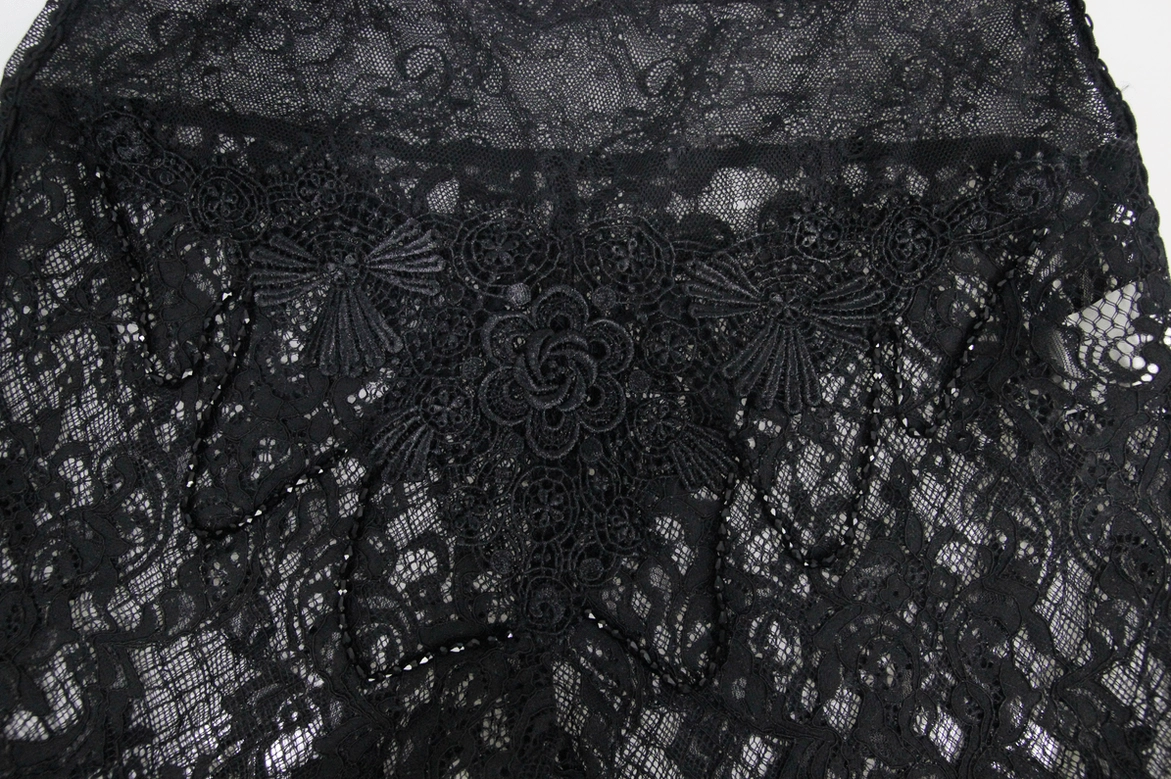 Black lace flare pants embossed detail – ornamental waist edge with scalloped trim