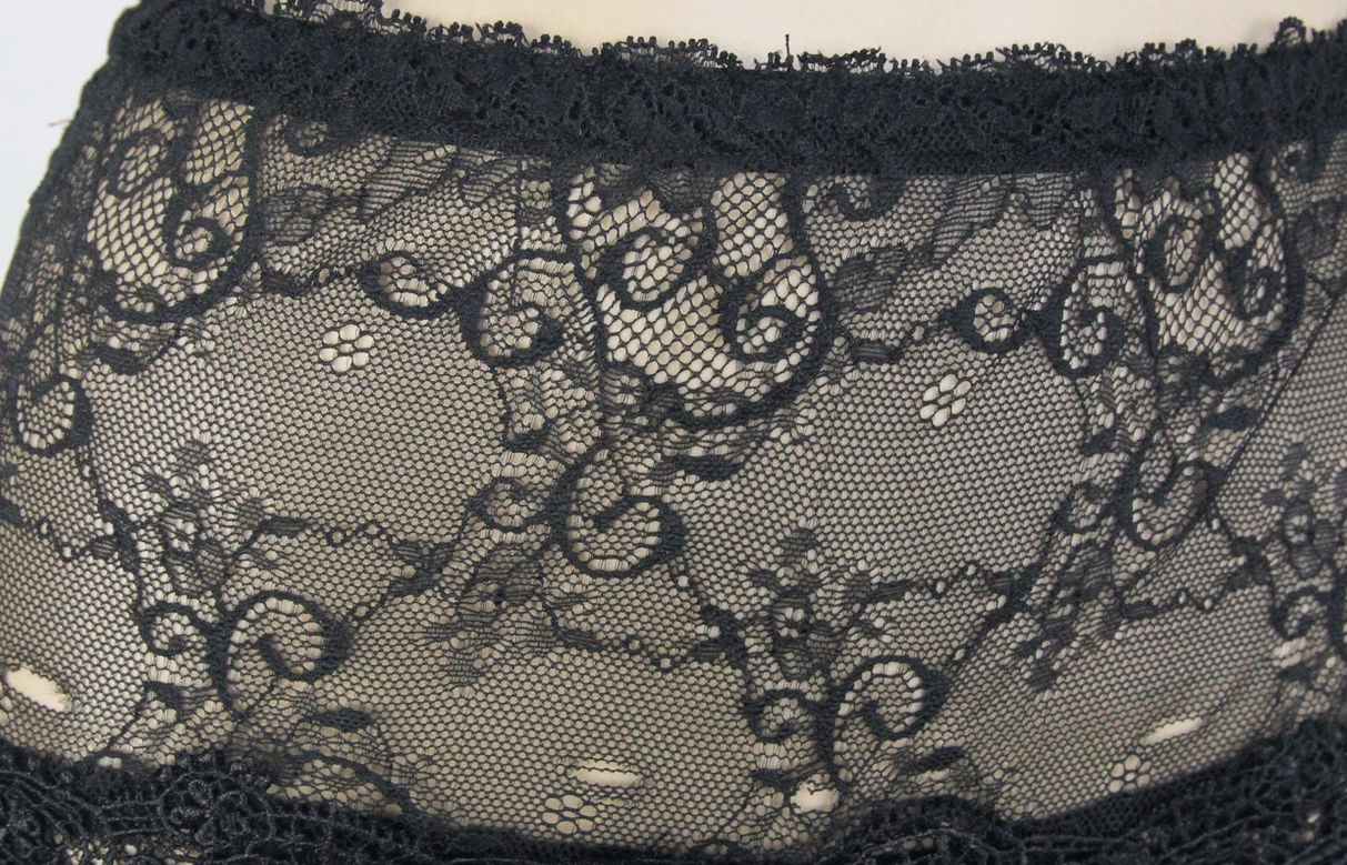 Black lace flare pants fabric pattern – close-up of damask floral lace weave