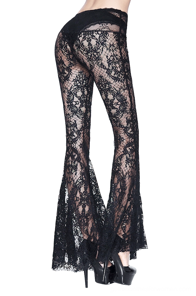 Black lace flare pants back view – gothic sheer trousers with elegant flared hem paired with heels
