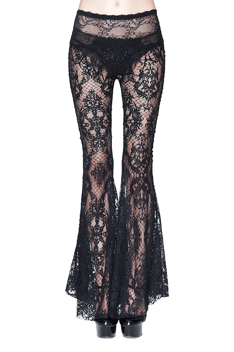 Black lace flare pants front view – sheer gothic trousers with floral mesh detail and high-waisted silhouette