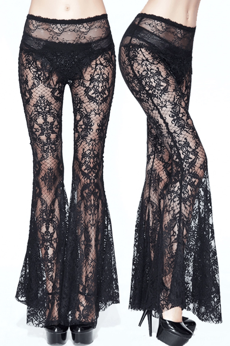 Black lace flare pants main product shot – sheer gothic trousers with intricate floral lace