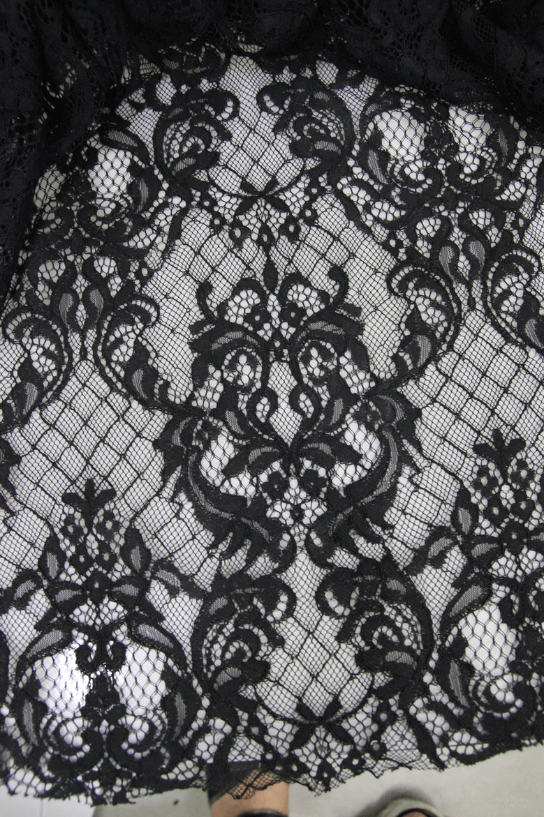Black lace flare pants mesh foundation – intricate sheer lace overlay on structured base