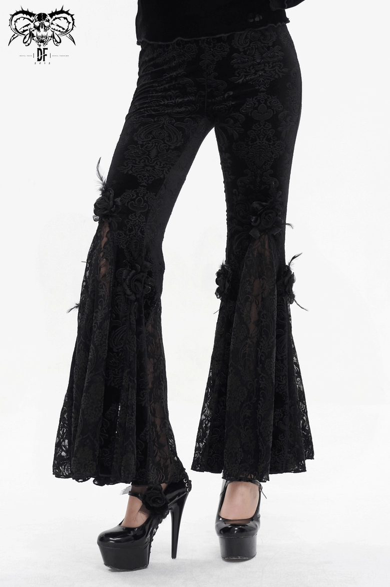 Black lace flared gothic pants with damask pattern and rose feather trim on dramatic flare opening