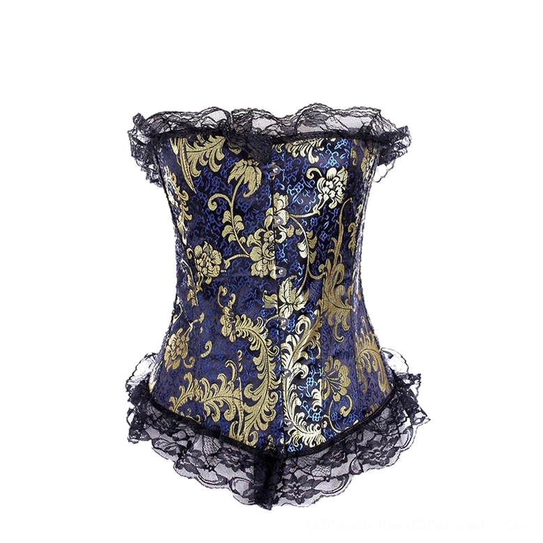 Dark base gold floral jacquard corset with black lace trim, studio front shot