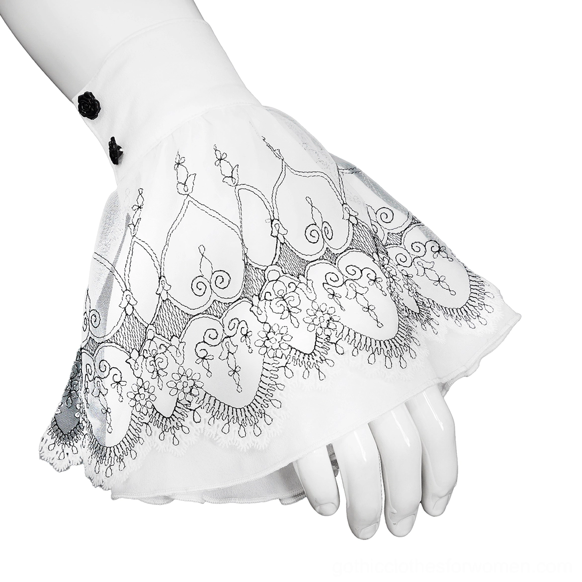 Single black flared lace glove side profile, close-up detail of black rose snap fastener and delicate lace trim