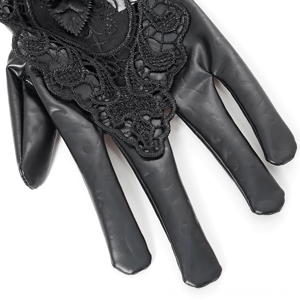 Black lace gothic gloves showing synthetic leather base and premium quality construction