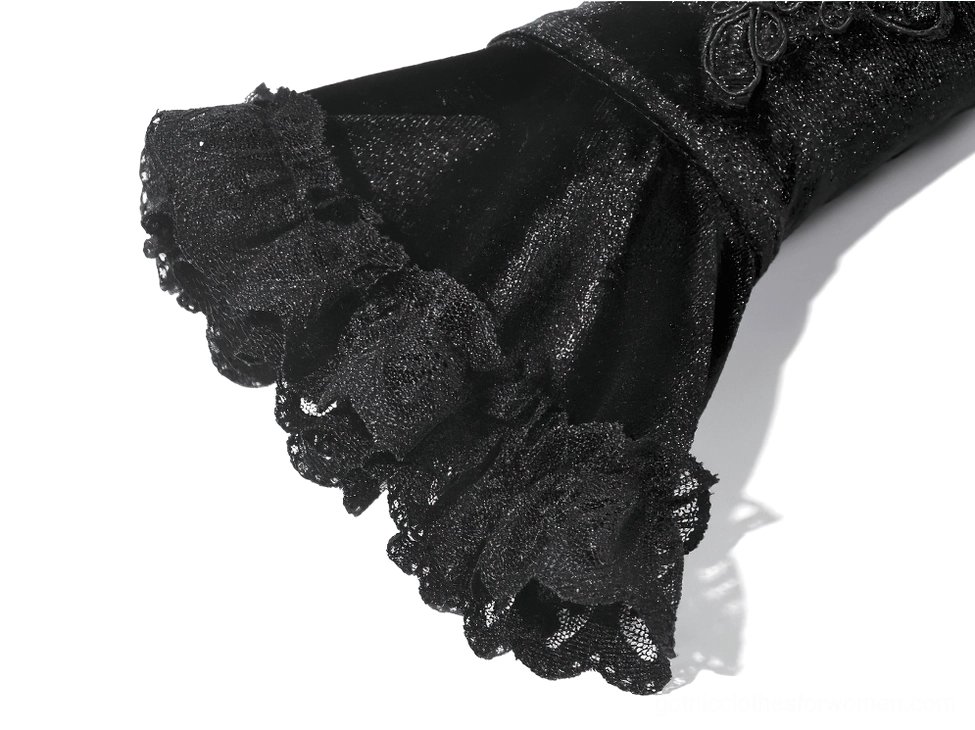 Product detail view of black lace gothic arm warmer showing full lace ruffle design and velvet base