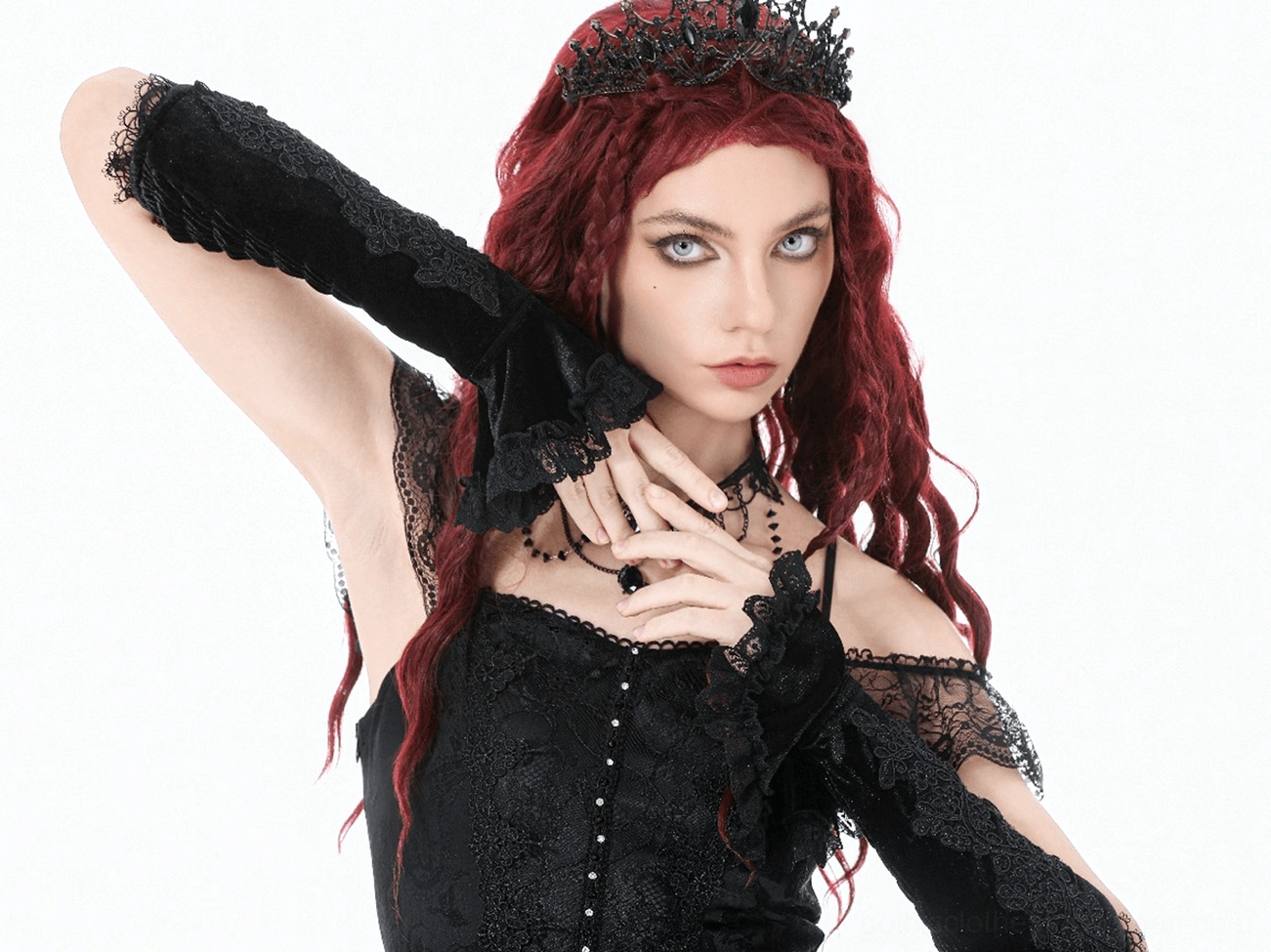 Black lace gothic arm warmer product photography highlighting ruffle cuff and embroidered details