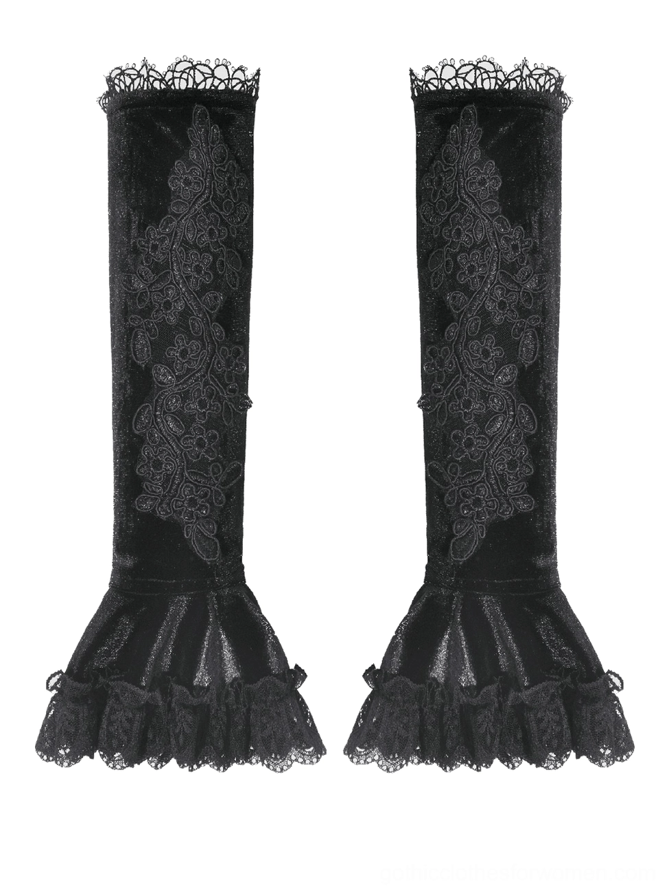 Flat lay product photography of black lace gothic arm warmers showing floral embroidery and velvet texture details