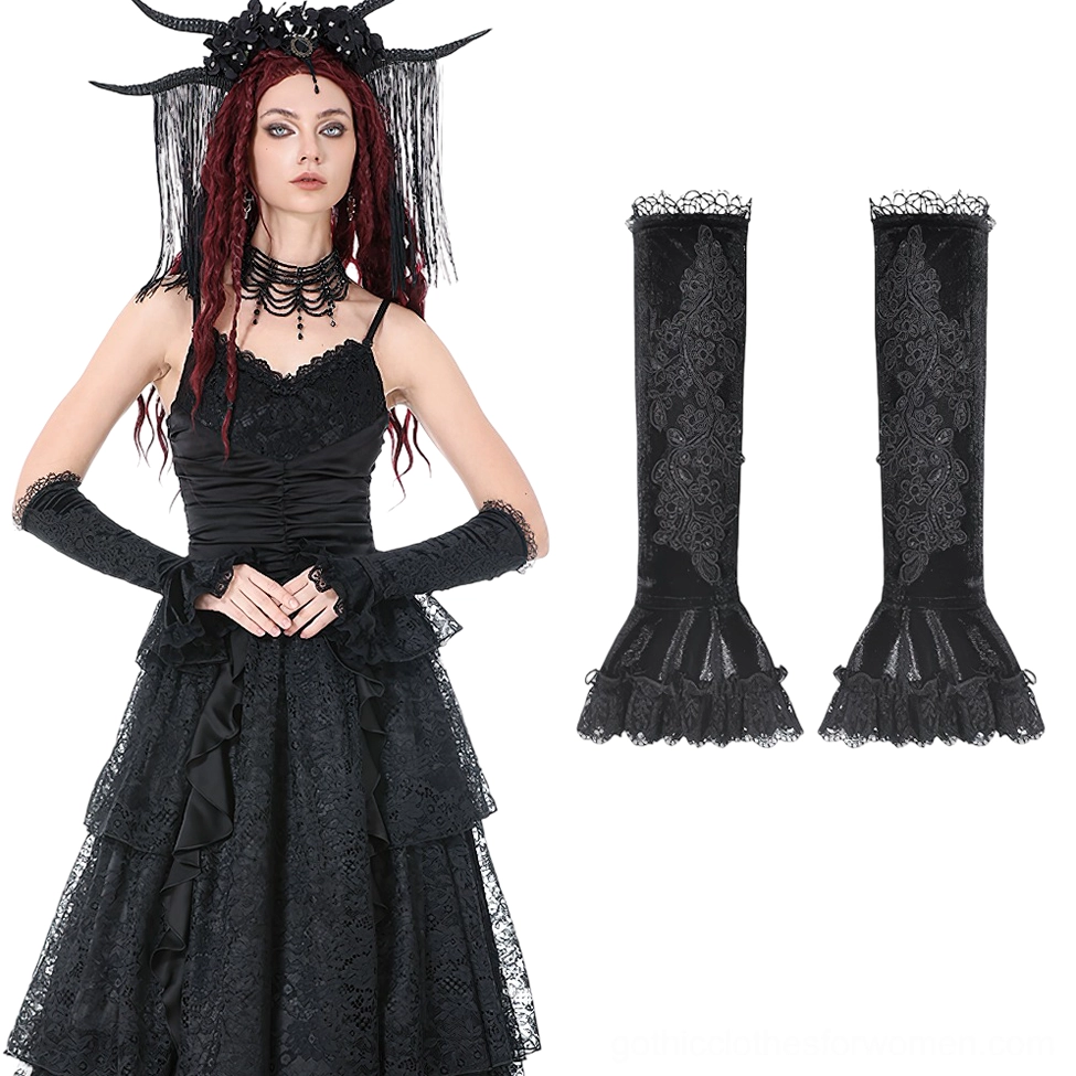 Full view of black lace gothic arm warmers styled with matching gothic dress and horned headdress for complete alternative look