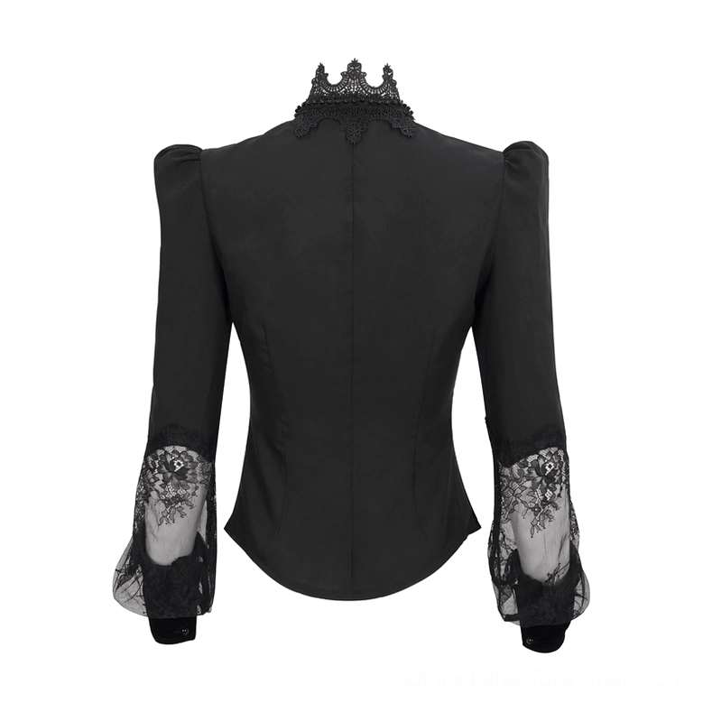 Black lace gothic blouse back flat view mannequin showing tailored back panel structured puff shoulders and crown lace collar