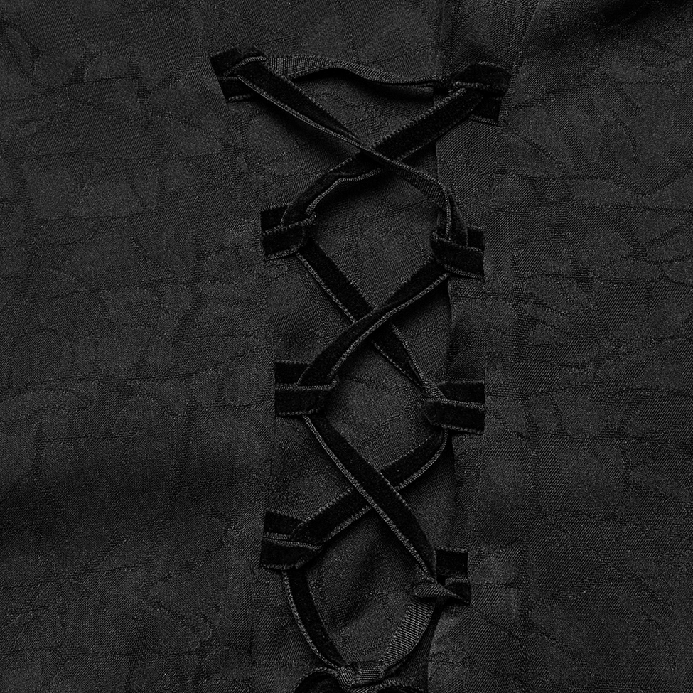Black lace gothic blouse back lace-up detail - velvet ribbon corset tie, jacquard woven fabric texture