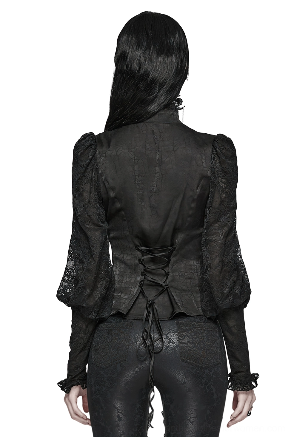Black lace gothic blouse back view on model - velvet ribbon lace-up corset detail, long lace sleeves