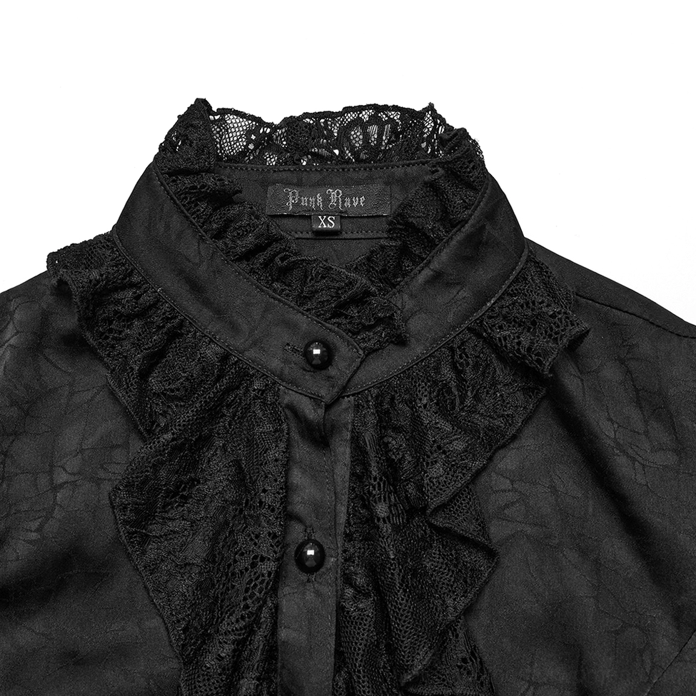 Black lace gothic blouse collar detail - ruffled lace neck, black button placket, size tag
