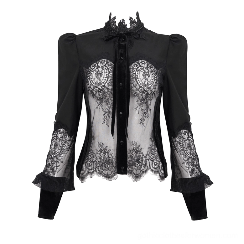 Black lace gothic blouse flat lay front view mannequin showing button closure velvet bow crown collar and sheer lace panels