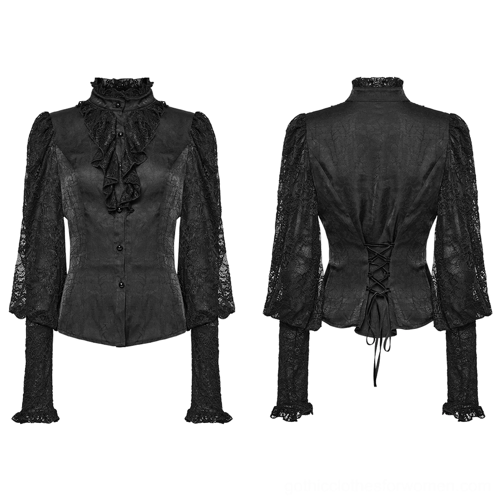 Black lace gothic blouse flat lay front and back - ruffled neck, lace-up back, puff sleeves detail