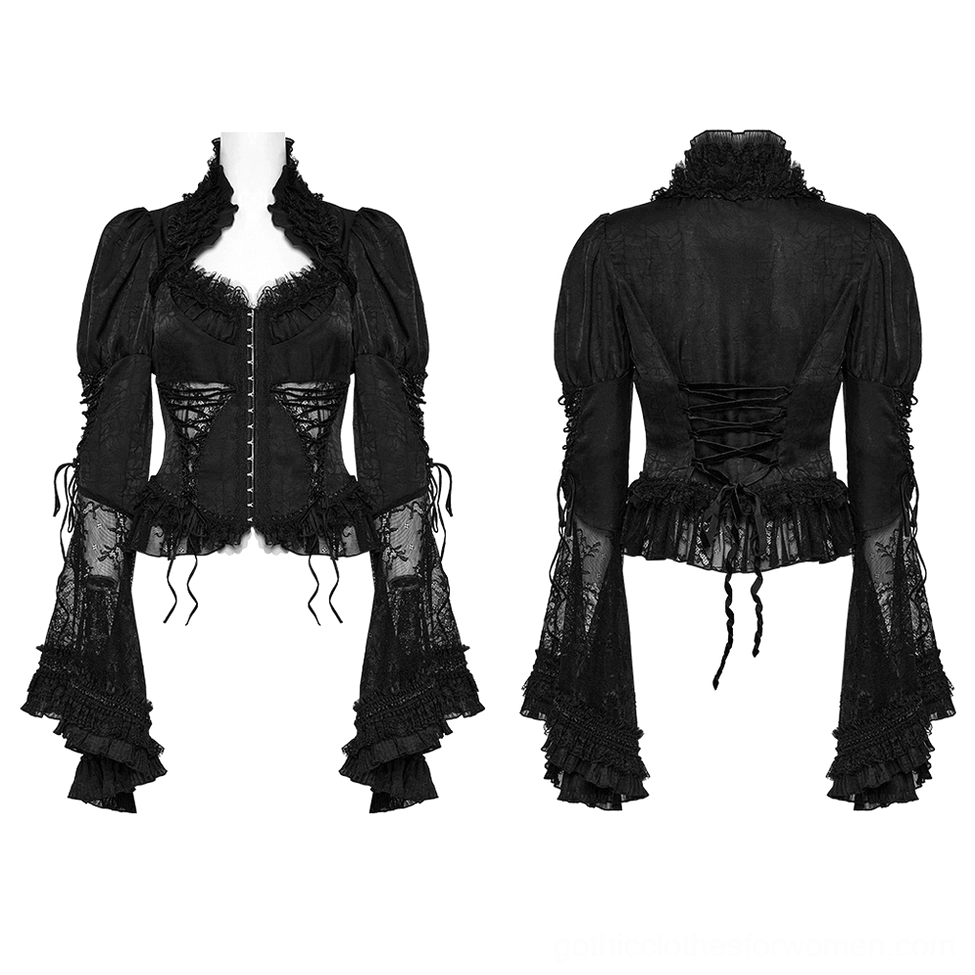 Black gothic lace blouse front and back dual mannequin display with flared trumpet sleeves and corset lacing