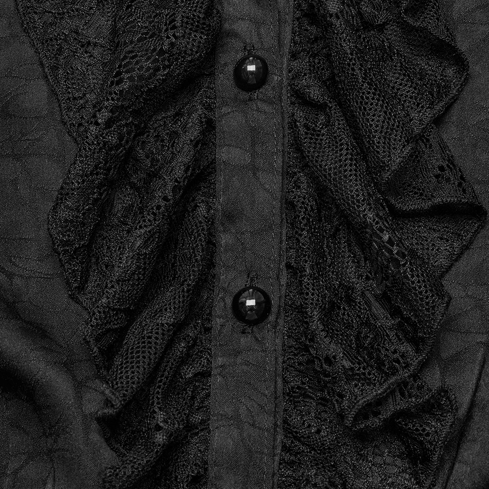 Black lace gothic blouse front detail - lace ruffle trim, round black decorative buttons, jacquard weave