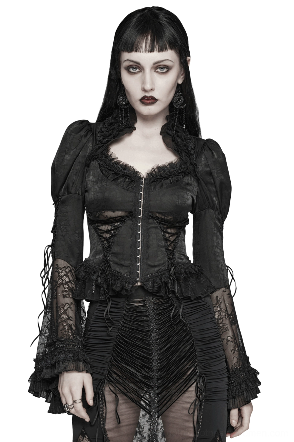 Black lace gothic blouse front view with ruffled collar, corset lacing, and dramatic bubble sleeves on model