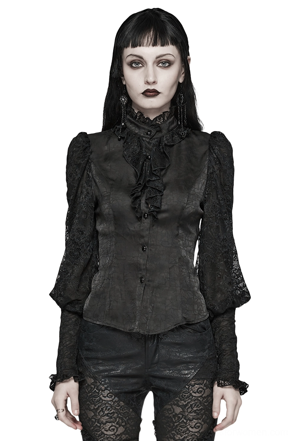 Black lace gothic blouse front view on model - ruffled collar, puff sleeves, slim-fitted silhouette