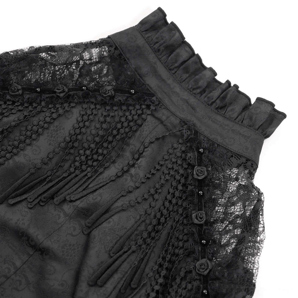 Full garment layout of black lace Victorian gothic blouse showing overall silhouette, construction details, and bubble sleeve design