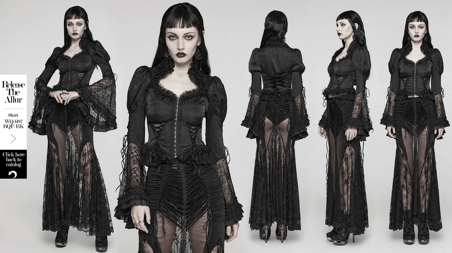 Full length black lace gothic blouse featuring corset lacing, bubble sleeves, and ruffled collar on model