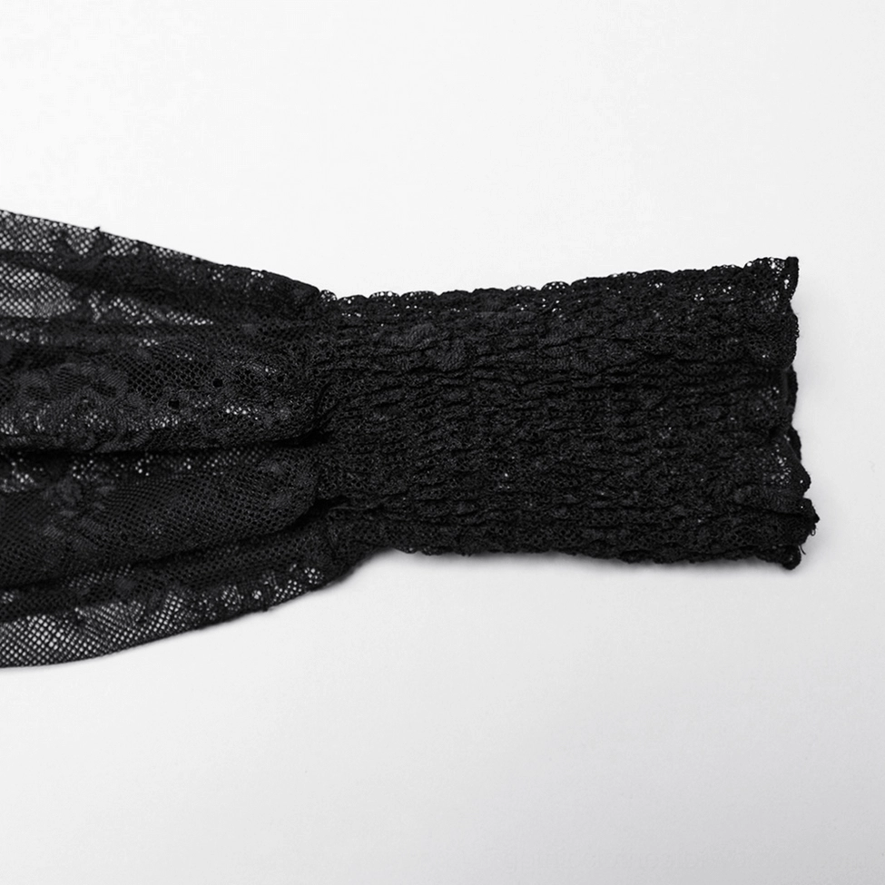 Black gothic lace blouse layered construction - mesh and lace fabric composition