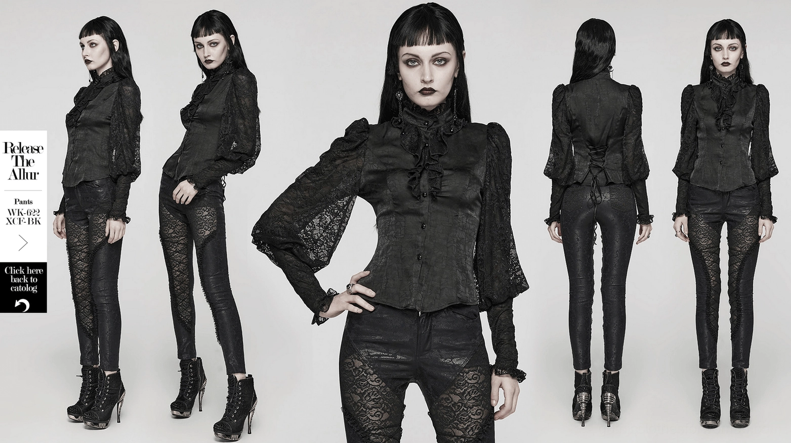 Black lace gothic blouse main product image - ruffled collar, puff sleeves, slim-fitted design
