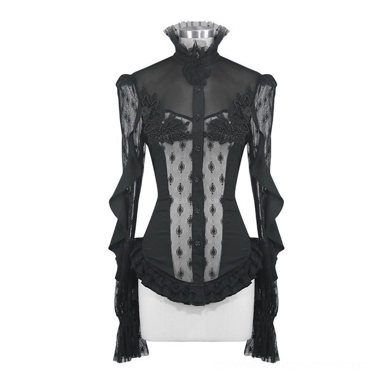 Black gothic lace blouse on dress form mannequin showing front silhouette with high ruffled stand collar and beaded lace appliqué