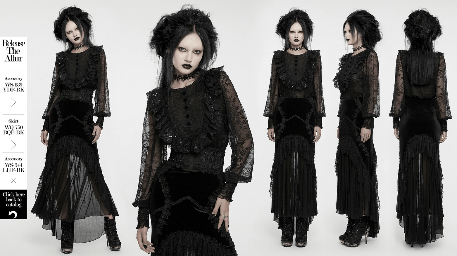 Black lace gothic blouse with sequin ruffle - full product showcase view