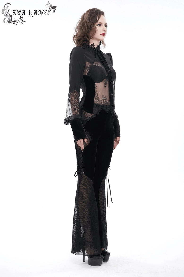 Black lace gothic blouse styled view showing puff sleeve silhouette and overall proportions on figure